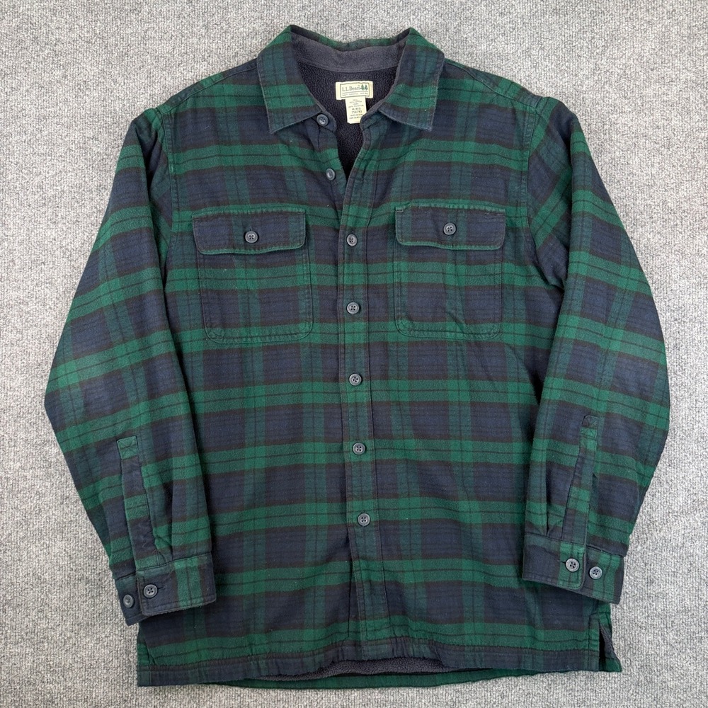LL Bean Fleece Lined Flannel Shirt Jacket Mens M Green Blue Tartan Plaid 250393